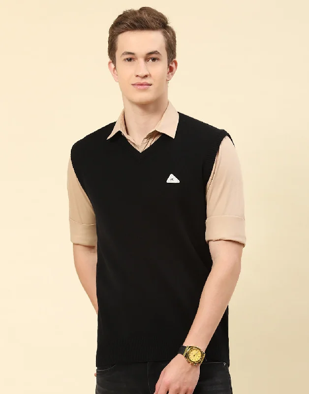 Men's Coats for Casual WearMen Black Solid V Neck Sleeveless Sweater