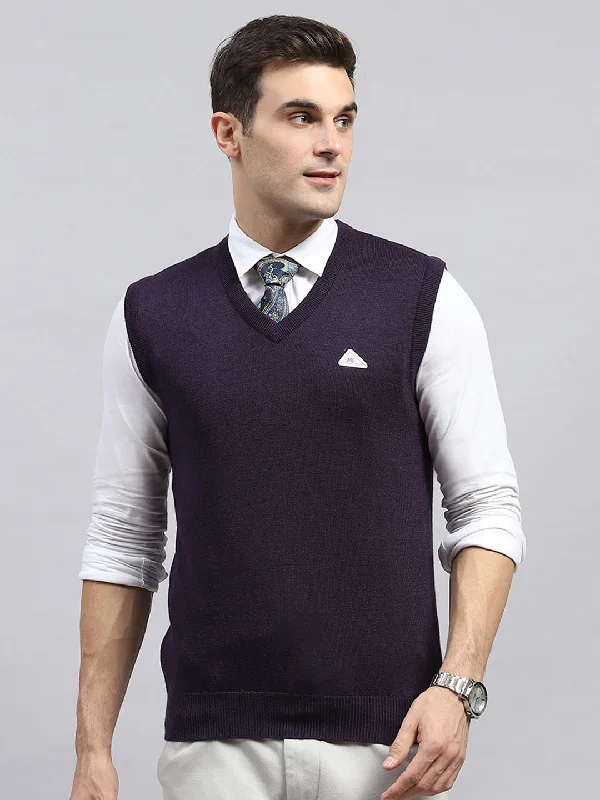 Luxurious Men's Cashmere CoatsMen Purple Solid V Neck Sleeveless Sweater