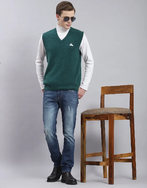 Men's Coats with Vintage StyleMen Green Solid V Neck Sleeveless Sweater