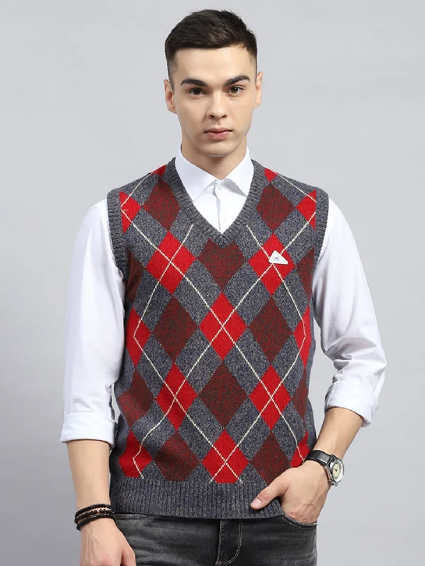 Men's Coats for Every OccasionMen Grey & Red Geometric V Neck Sleeveless Sweater