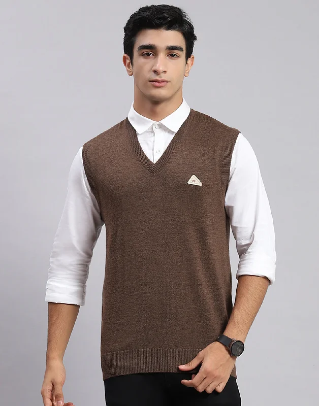 Men's Coats with Chest PocketsMen Brown Solid V Neck Sleeveless Sweater