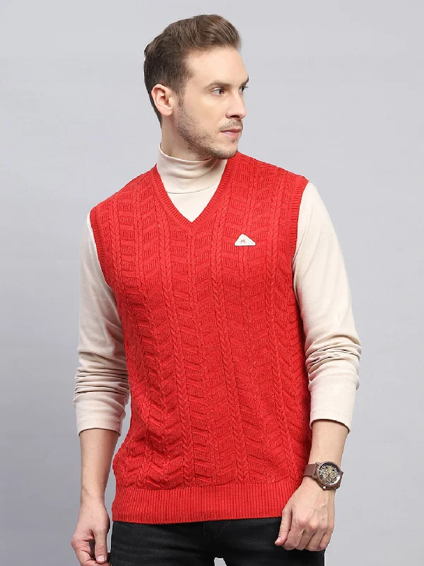 Men's Coats for TravelMen Red Self Design V Neck Sleeveless Sweater