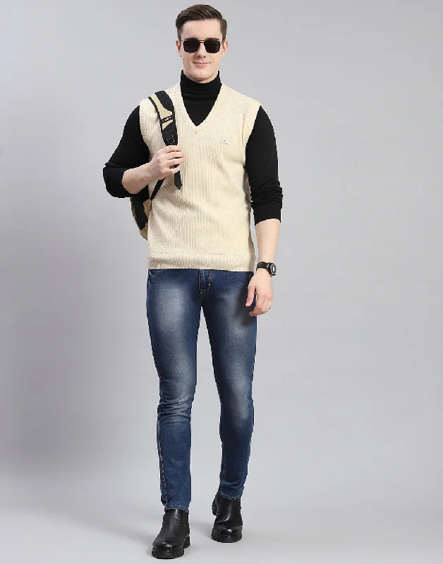 Men's Coats with Military InfluenceMen Beige Solid V Neck Sleeveless Sweater