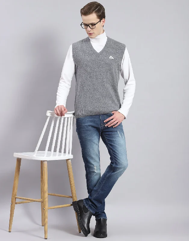 Men's Coats with Synthetic InsulationMen Grey Solid V Neck Sleeveless Sweater