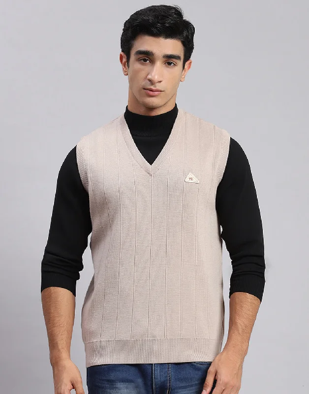 Men's Coats without LiningMen Beige Solid V Neck Sleeveless Sweater