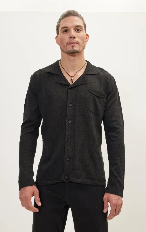 Men's Shirts with Striped PatternsLong Sleeve Knit Button Down - Black