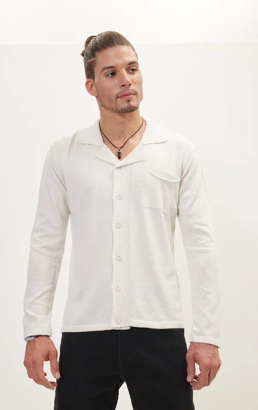 Men's Shirts with Contrast CollarsLong Sleeve Knit Button Down - White