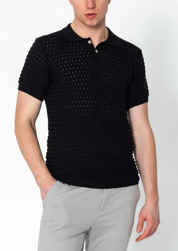 Men's Shirts for Beach OutingsEyelet Short Sleeve Polo Tee - Black