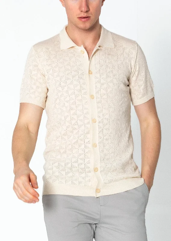 Men's Shirts with Drawstring WaistbandsGeometric Crochet Knit Polo - Beige