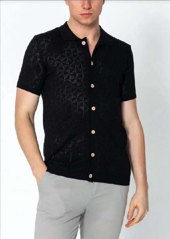 Men's Shirts with Raw-Edge HemlinesGeometric Crochet Knit Polo - Black