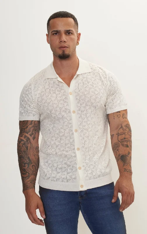 Men's Shirts with Embellished HemlinesGeometric Crochet Knit Polo - Off White