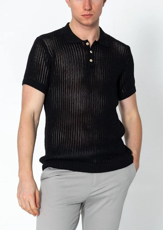 Classic Men's Button-Up ShirtsOpenwork Knit Polo Tee - Black