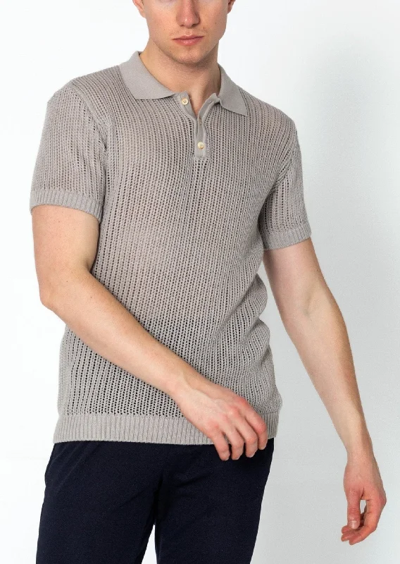 Men's Shirts with Hook-and-Loop ClosuresOpenwork Knit Polo Tee - Grey