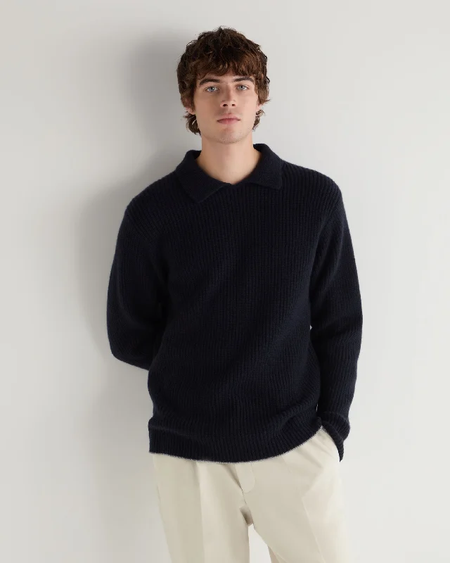 Men's Shirts with Embellished SleevesMen's Clapham Rib Cashmere Polo Navy Blue