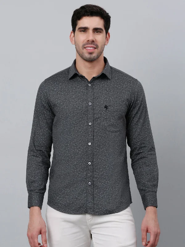 Men's Crew Neck T-Shirts for Everyday WearMen's Dark Grey Casual Floral Ditsy Print Full Sleeve Shirt