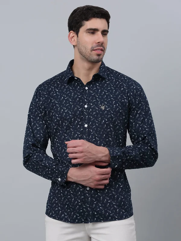 Men's Cufflink-Ready Shirts for Formal EventsMen's Navy Blue Casual Floral Print Full Sleeve Shirt