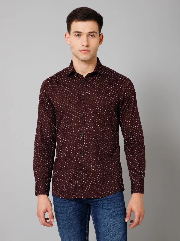 Men's Thermal Shirts for Winter WarmthMen's Brown Casual Floral Print Full Sleeve Shirt