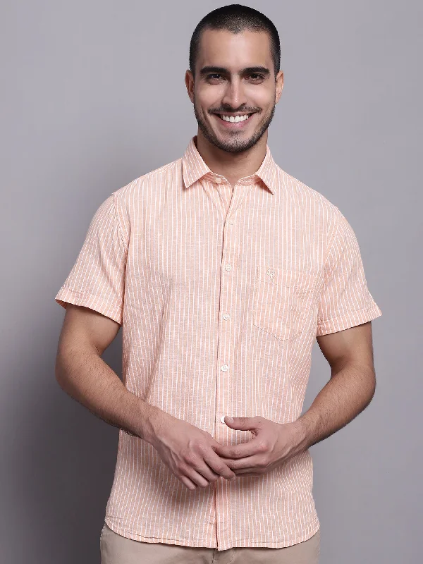 Men's French-Cuff Shirts for a Sophisticated EdgeMen's Light Orange Casual Thin Stripe Half Sleeve Shirt