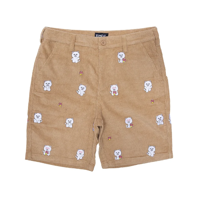 Men's Pants with Button-Down PocketsHello Nermy Corduroy Embroidered Shorts (Tan)