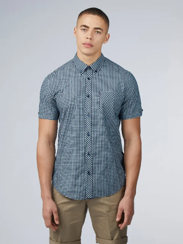 Men's Cufflink-Ready Shirts for Formal EventsSignature Short Sleeve Gingham Shirt - Petrol