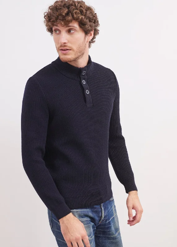 Men's Shirts with Contrast CollarsBourboule buttoned high neck jumper - in wool, herringbone pattern (NAVY)