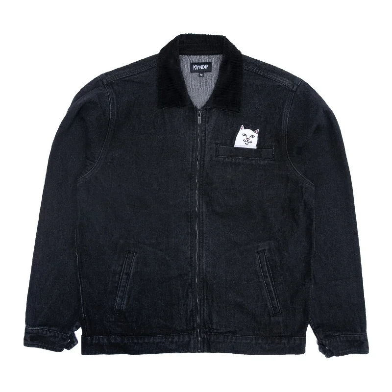 Men's Coats with Snap ButtonsLa Brea Peeking Nermal Work Jacket (Black Washed Denim)