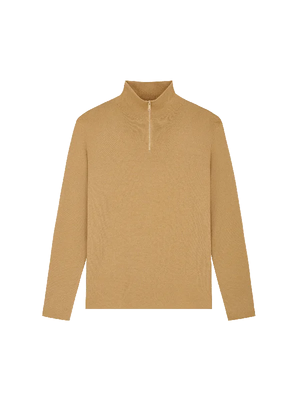 Luxurious Men's Cashmere CoatsMens Regenerative Merino Wool Half-Zip Sweater—camel