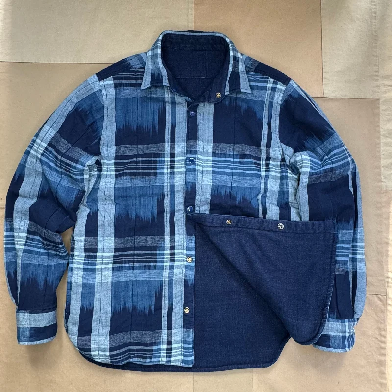 Unique Men's Flight JacketsRound Tail Reversible Over Shirt, Indigo Plaid