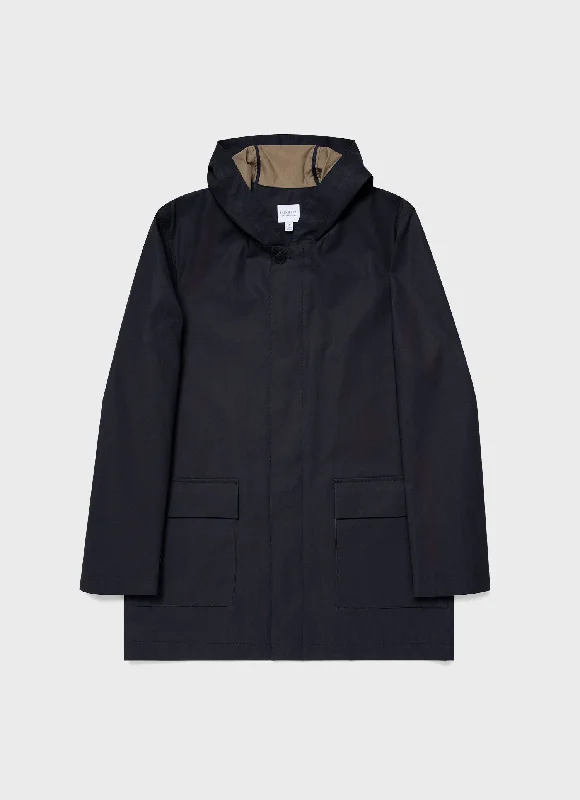 Men's Coats with Patchwork DesignsMen's Cotton Bonded Hooded Mac in Navy