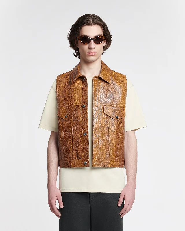 Comfortable Men's ParkasEgil - Faux Snake-Embossed Leather Vest - Cashew