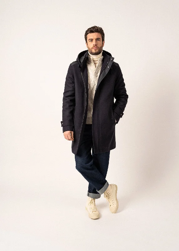 Men's Coats for Cold WeatherSt Sydney Long Wool Coat - with removable hood (NAVY)