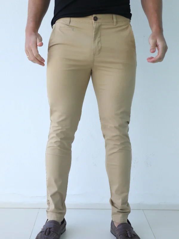 Men's Pants with Contrast StitchingStretch Chinos - Light Brown