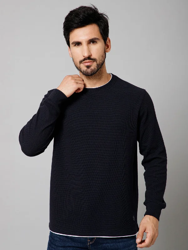 Solid Navy Blue Full Sleeves Round Neck Regular Fit Casual Sweatshirt For Men