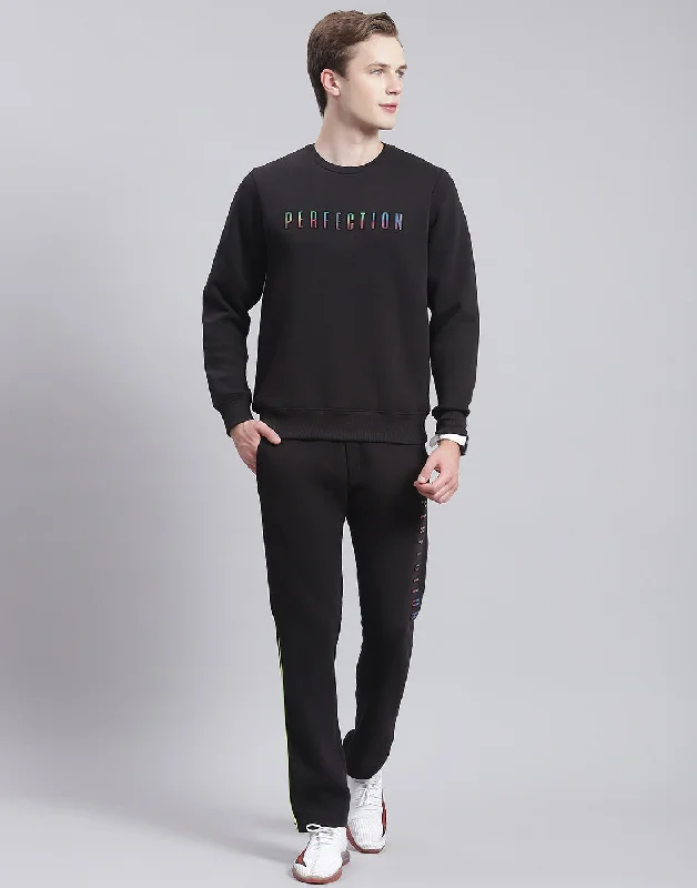 Men Black Solid Round Neck Full Sleeve Tracksuit