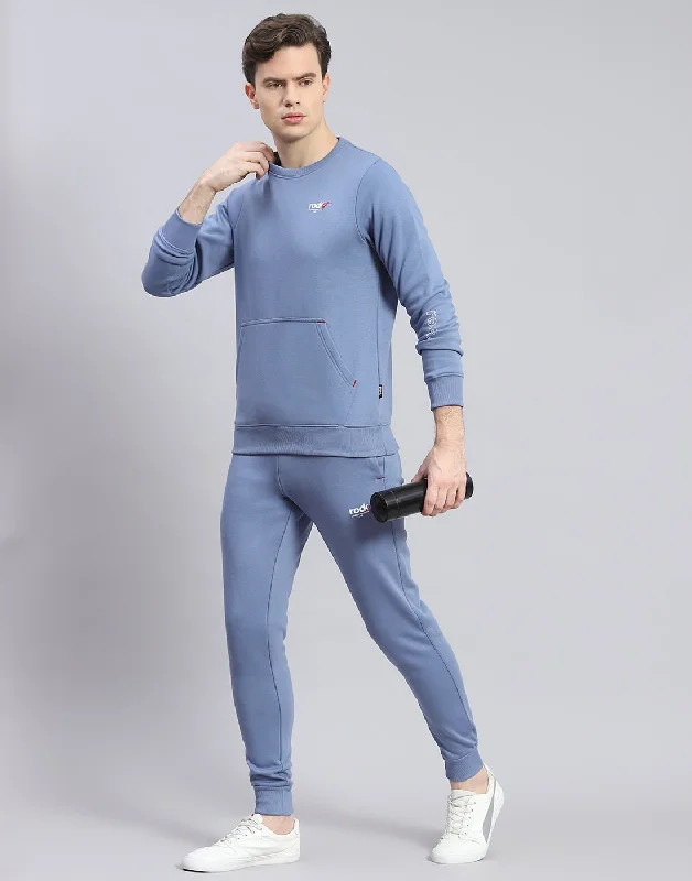 Men Blue Solid Round Neck Full Sleeve Tracksuit