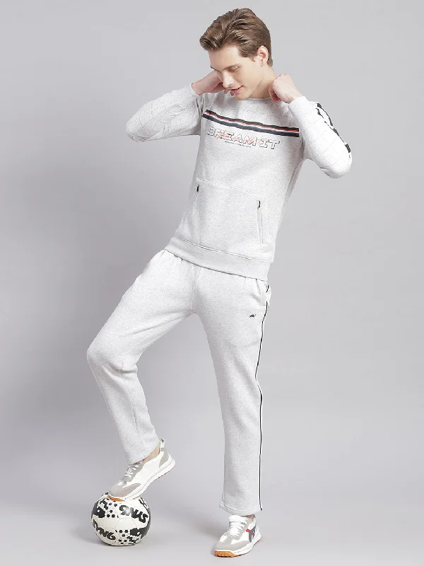 Men Grey Printed Round Neck Full Sleeve Tracksuits