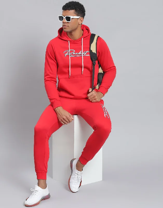 Men Red Solid Hooded Full Sleeve Tracksuit